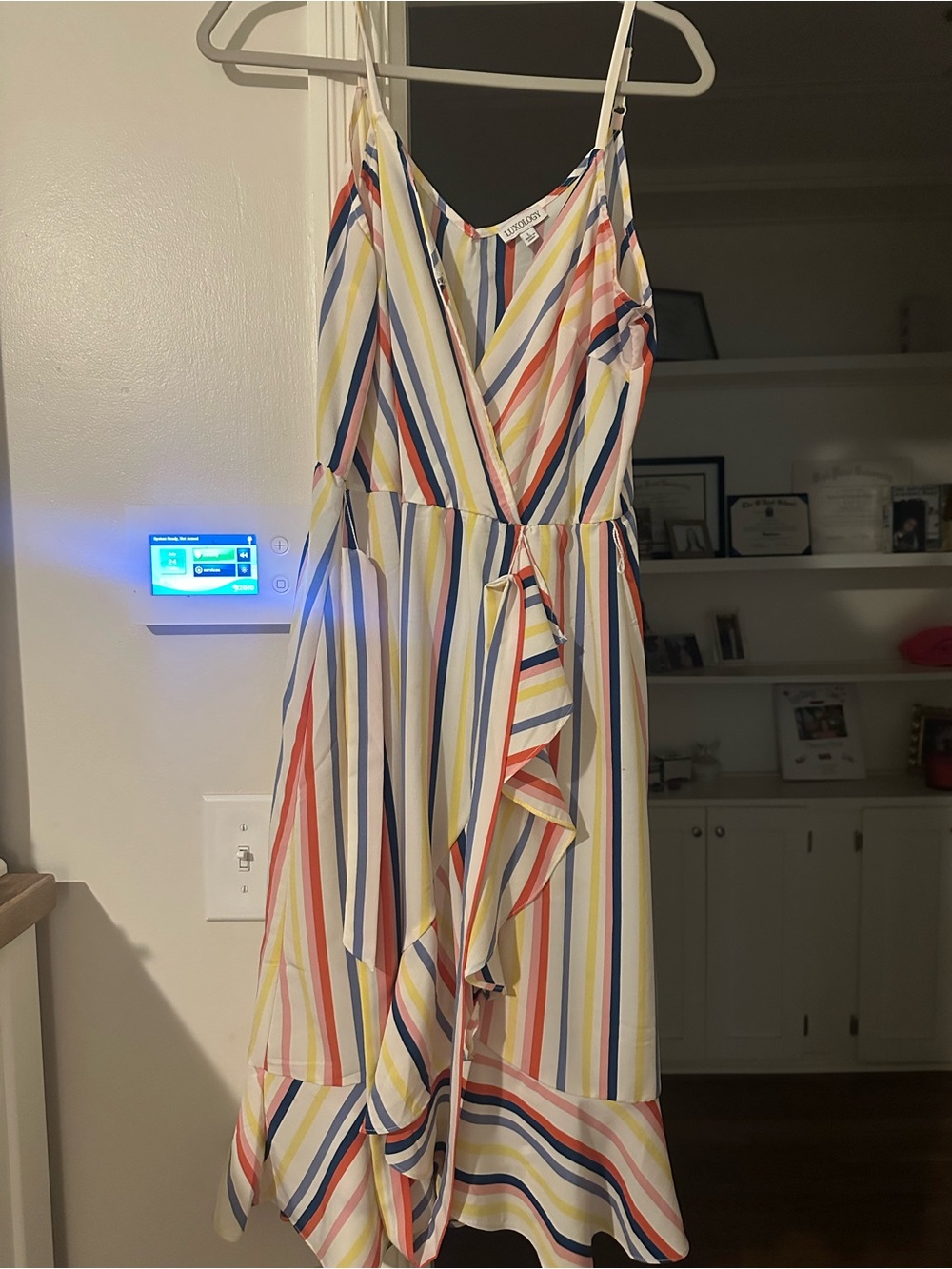 Luxology Striped Wrap Midi Dress in White, Blue, Yellow, Pink, Red